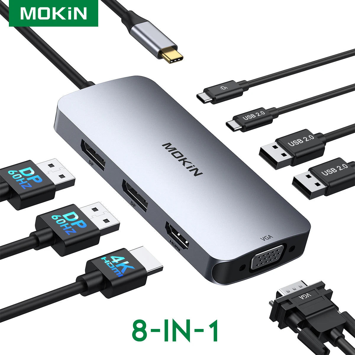 MOKiN 8 in 1 USB Hub Usb Type C Docking Station 4K@60Hz DP HDMI VGA USB-C 2.0 USB-A 2.0 100W PD Charging Port PC Accessories