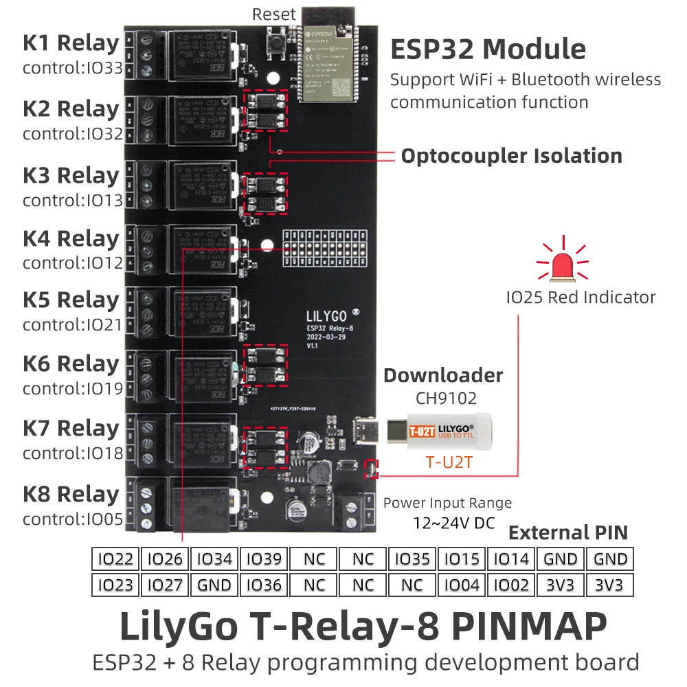 LILYGO® T-Relay ESP32 5V Relay Module 8 Channel With Optocoupler Isolation Wireless Development Board WIFI Bluetooth For Arduino