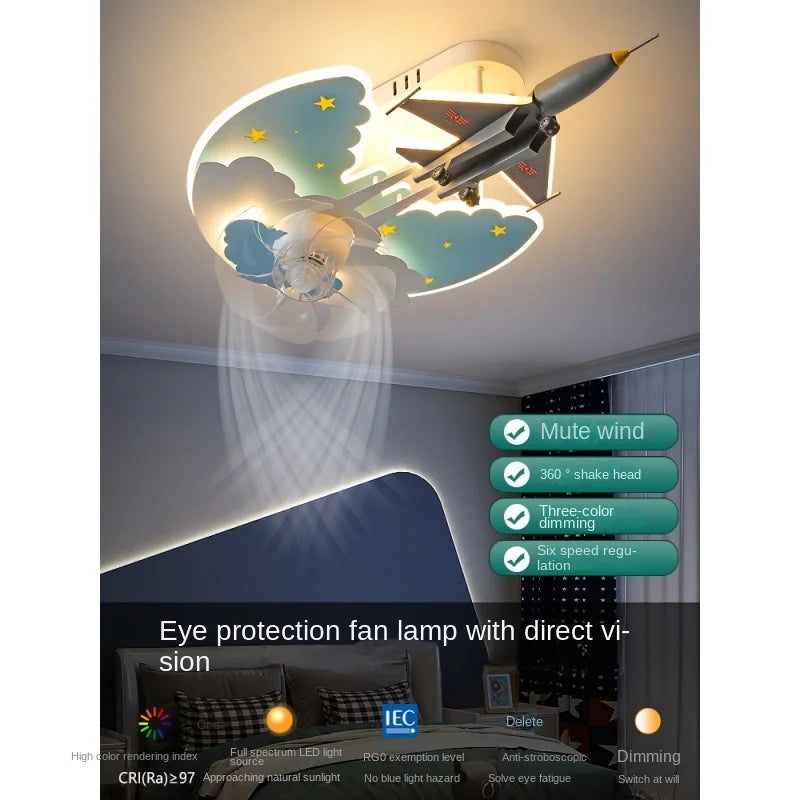 Children&#39;s Room Light Boy Bedroom Led Eye Protection Aircraft Shaking Head Fan Lamp Fighter Model Fan Ceiling Light