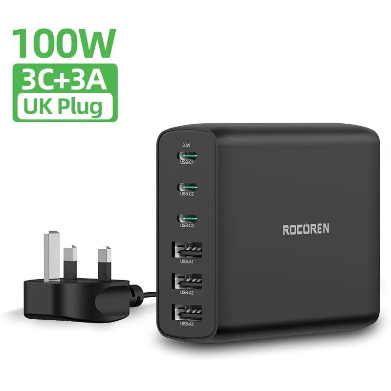 Rocoren 100W USB Charger Type C PD Fast Charging Multiple 6 Ports Desktop Charger Station For iPhone 14 13 Pro Xiaomi POCO