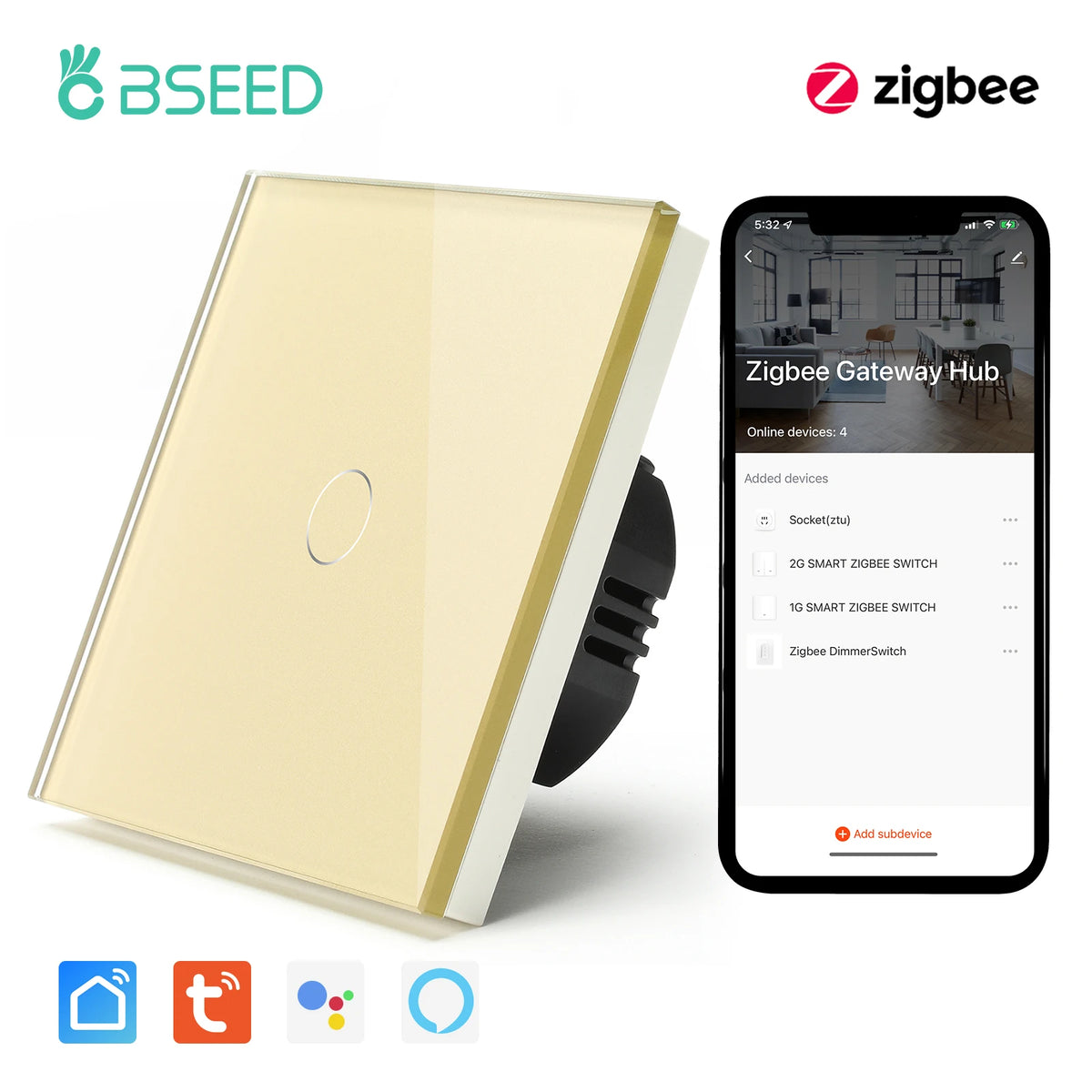 BSEED Zigbee 1/2/3 Gang 1 Way Smart Switch Single Live LED Buttons Glass Panel Work With Google Home EU Touch Switch Smart Life