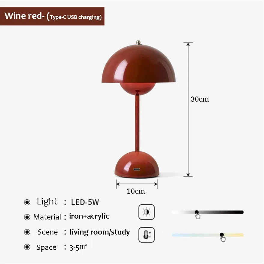 Nordic LED Table Lamp Mushroom Desk Light Type-C Rechargeable Top Touch Switch Lantern Room Decoration Night Lights for Bedroom