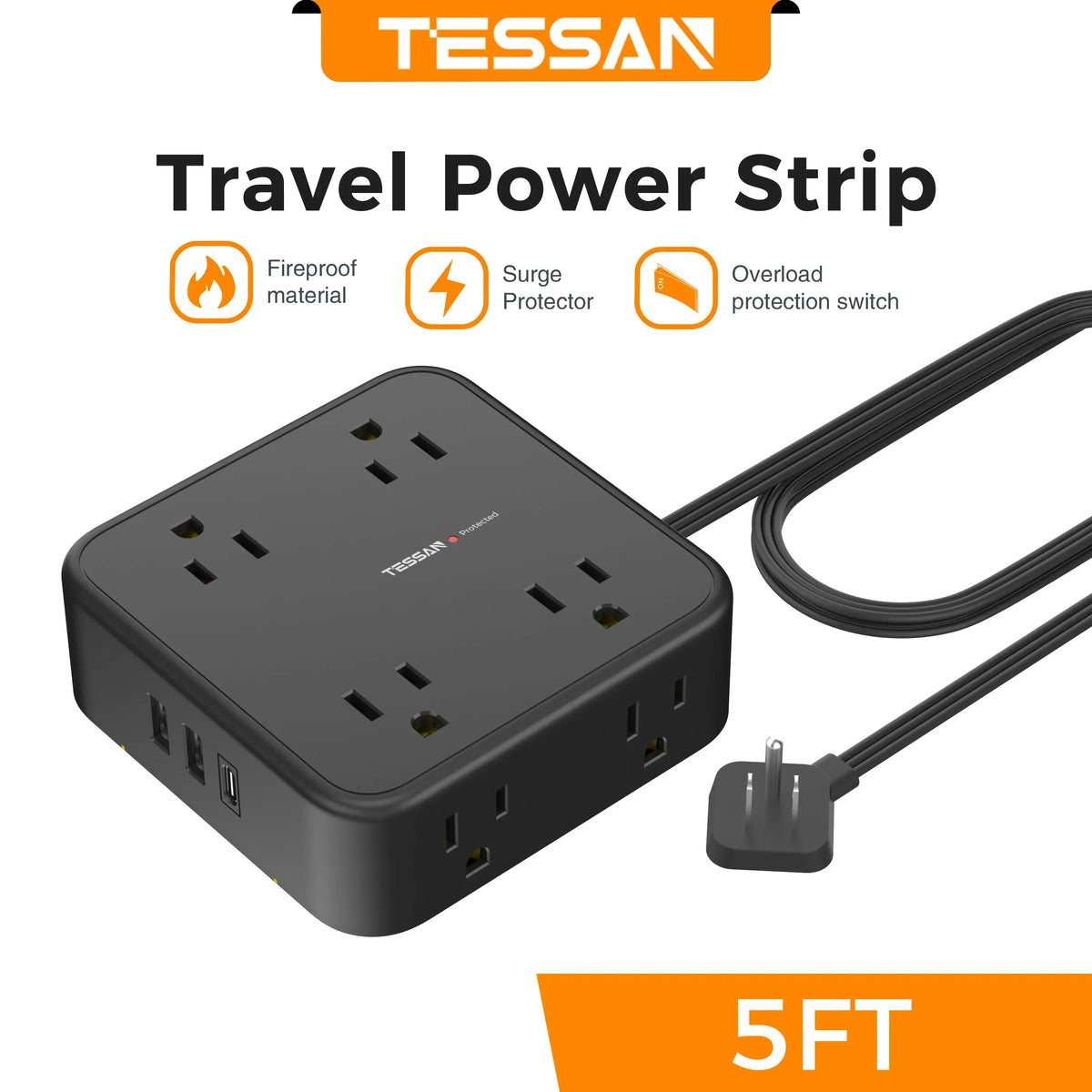 TESSAN Ultra Thin Flat Power Strip Plug with 8 Outlets 3 USB Multi Outlet Surge Protector with 5FT 10FT Extension Cable