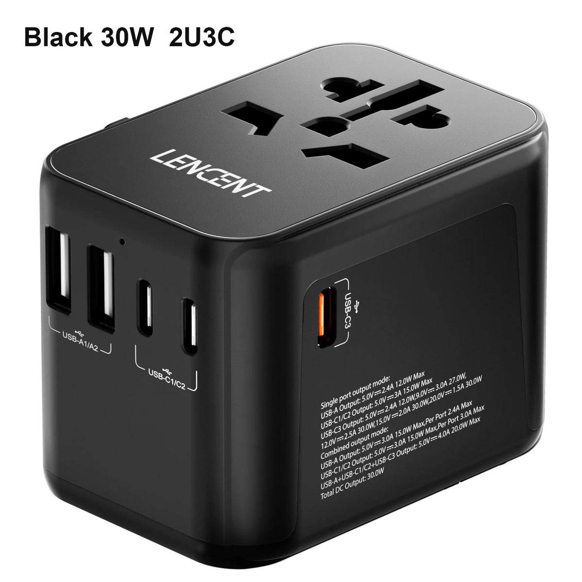 LENCENT 65W GaN Universal Travel Adapter with 2 USB Ports 3 Type C Fast Charging Power Adapter EU/UK/USA/AUS plug for Travel