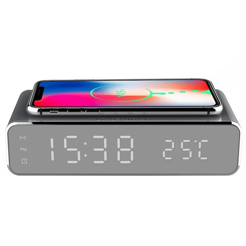 1pc Wireless Charger Alarm Clock LED Digital Watch Table Thermometer Electronic Desktop Clocks Wake Up FM Radio Time Fast Charge