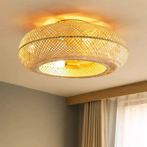 Creative Ceiling Fan with Light Retro Handmade Bamboo Rattan Invisible Fan Lights Modern Ceiling Lamp Inverter Fan Bedroom B&B