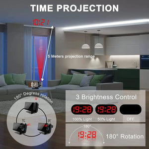 180° Arm Projection LED Digital Alarm Clock Table Watch FM Radio Electronic Bedside Desk Clock Temperature Humidity Display