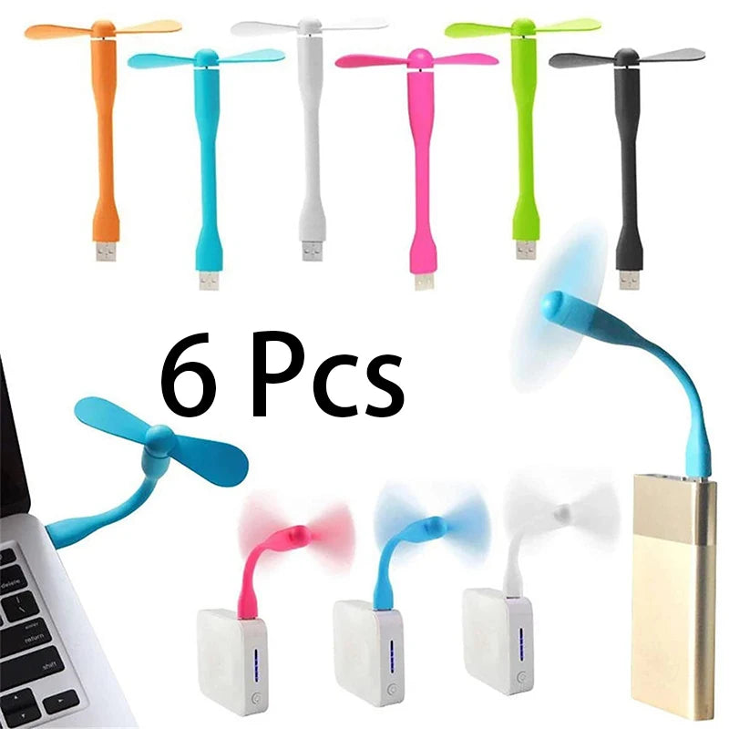 6Pcs Mini USB Fan Flexible Bendable Fan For Power Bank Laptop PC AC Charger Portable Hand Cooling Fan For Computer Summer Gadget - Stereotech