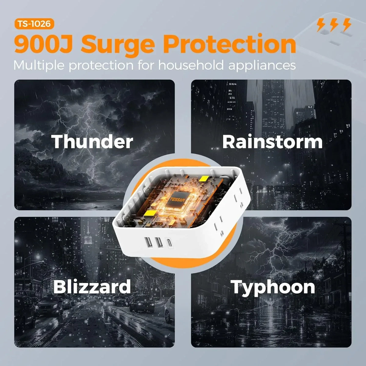 TESSAN Ultra Thin Flat Power Strip Plug with 8 Outlets 3 USB Multi Outlet Surge Protector with 5FT 10FT Extension Cable