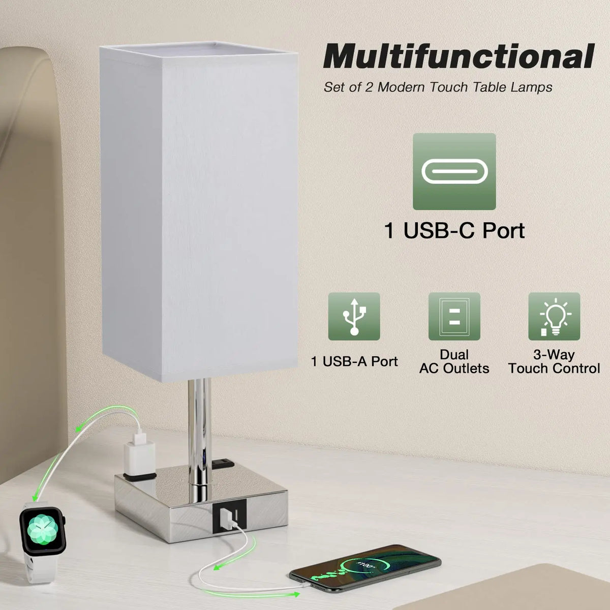 Bedside Lamp Touch Control Table Lamp with USB C+A Port Dimmable Small Light for Bedroom Living Room Bulb Included Home Decor