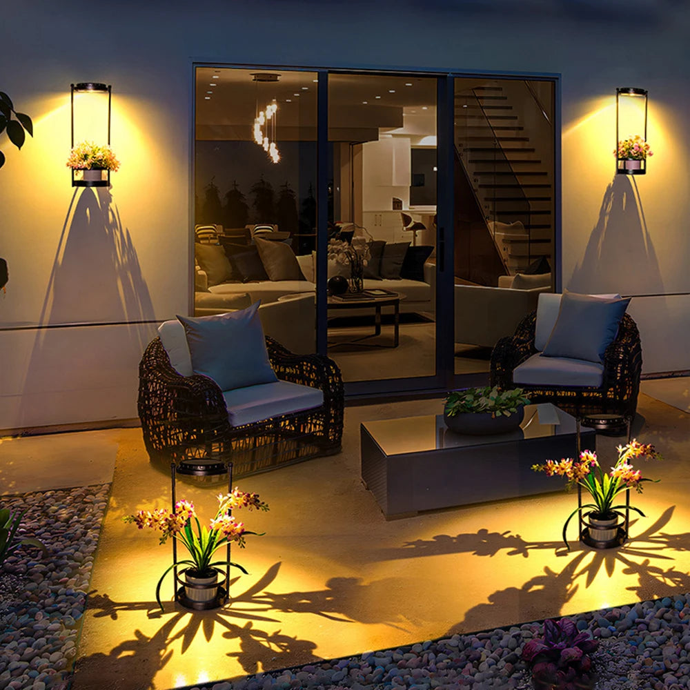 Solar Floor Lamp with Plant Stand Waterproof Outdoor Solar Wall Fence Light 3 Lighting Colors Metal Garden Decor Plant Deck Step