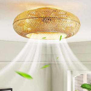 Creative Ceiling Fan with Light Retro Handmade Bamboo Rattan Invisible Fan Lights Modern Ceiling Lamp Inverter Fan Bedroom B&B