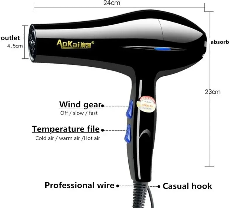 Professional Powerful Hair Dryer Fast Styling Blow Dryer Hot And Cold Adjustment Air Dryer Nozzle For Barber Salon Tools - Stereotech