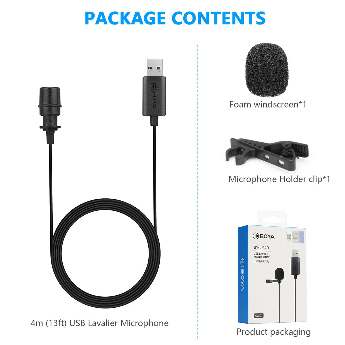 BOYA BY-LM40 4m Lavalier Lapel USB Microphone for PC Gaming Laptop Computer Windows Mac Streaming Vlogging Youtube Recording