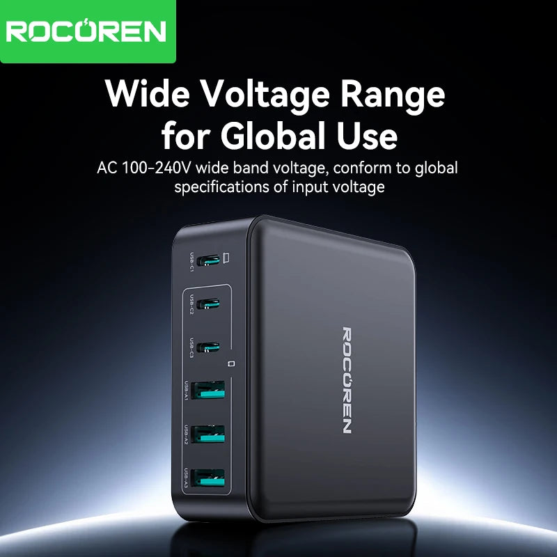 Rocoren Portable 160W GaN USB Type C Desktop Charger 6 Ports Fast Charging Power Station Type C Charger for iPhone 16 15 MacBook