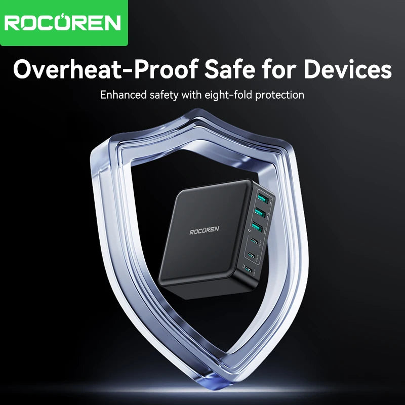 Rocoren Portable 160W GaN USB Type C Desktop Charger 6 Ports Fast Charging Power Station Type C Charger for iPhone 16 15 MacBook