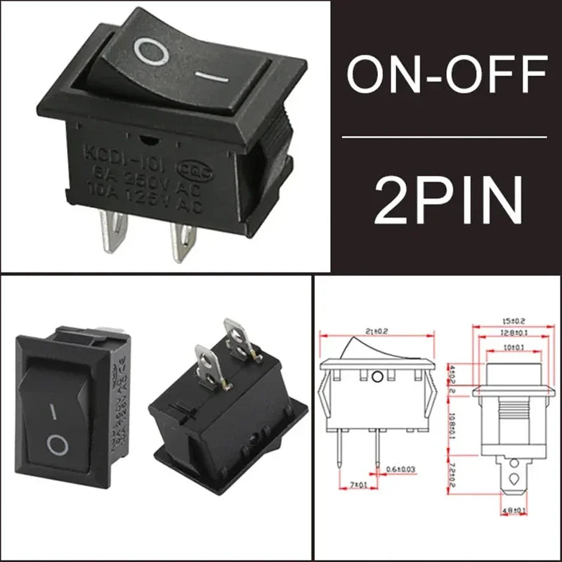 100pcs KCD1 4Pin 2Pin 3Pin 21*15mm ON-OFF Black Boat Car Rocker Switch 6A/250V 10A/125V AC With Red Green Light Switch