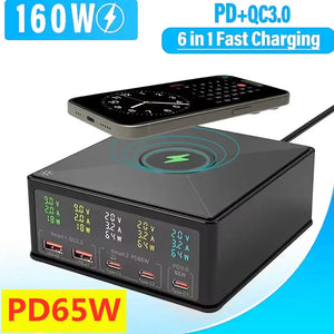 160W 5 Ports GaN USB C Charger Station 15W Wireless Charging PD 65W QC3.0 Type C Fast Charger for iPhone Macbook Samsung Laptop