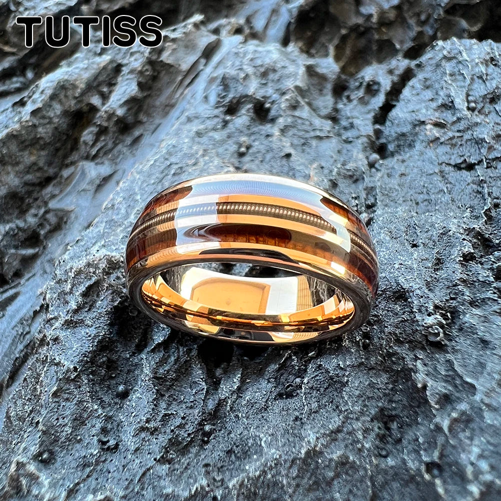 TUTISS 8mm Men&#39;s And Women&#39;s Tungsten Ring Dome With Three Grooves Inlaid With Rosewood And Guitar Strings For a Comfortable Fit