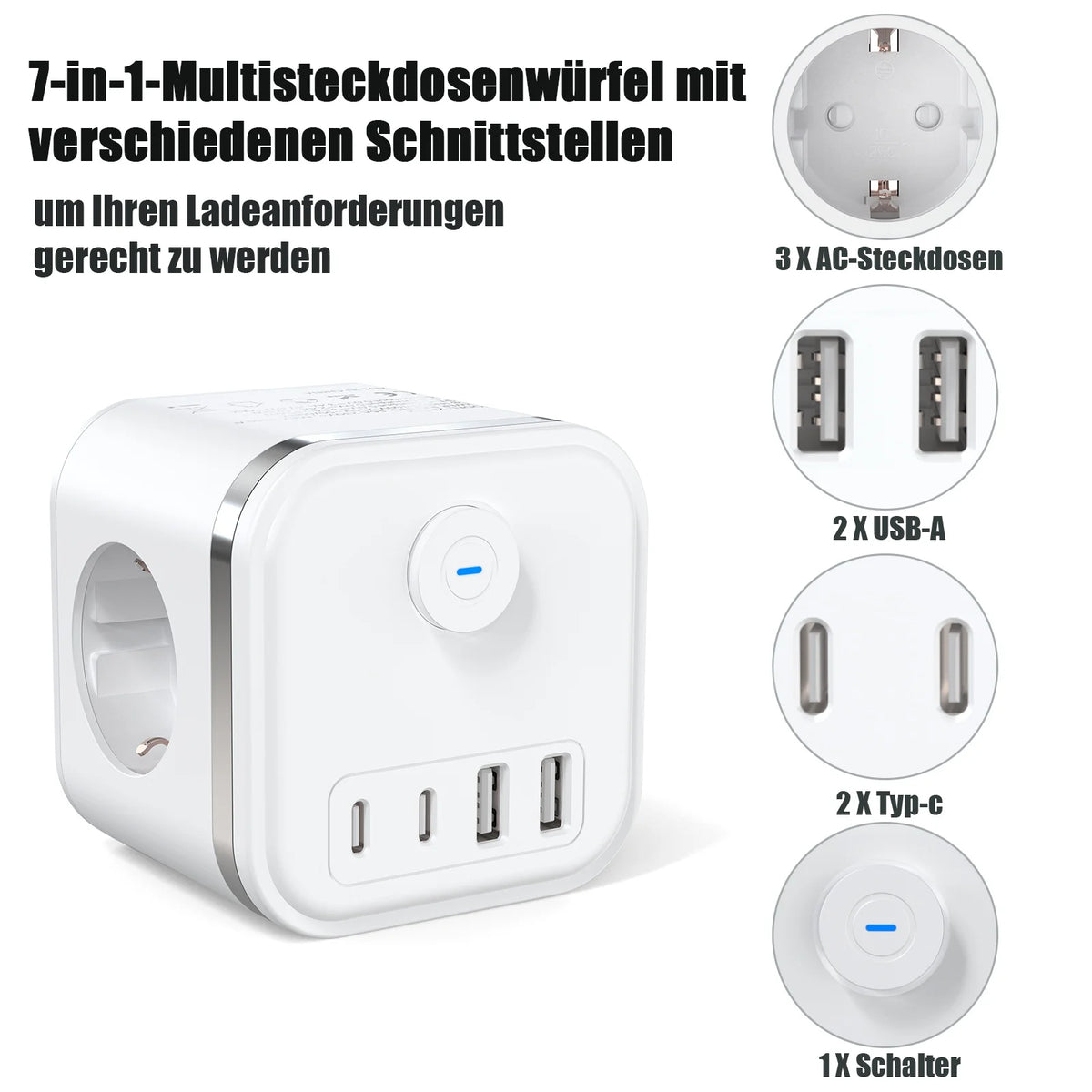 European plug wall socket power strip with 3 AC outlets, 2 USB and 2 Type-C ports fast charging extender with indicator switch