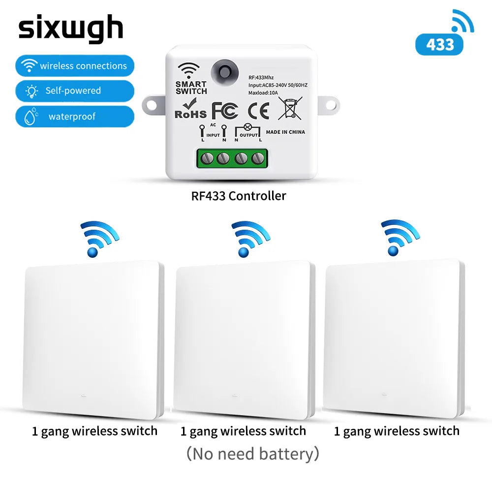 SIXWGH Smart Home Wireless 433mhz Light Switch House Improvement Self-Power Remote Controller Push Button Wall Switch Set - Stereotech