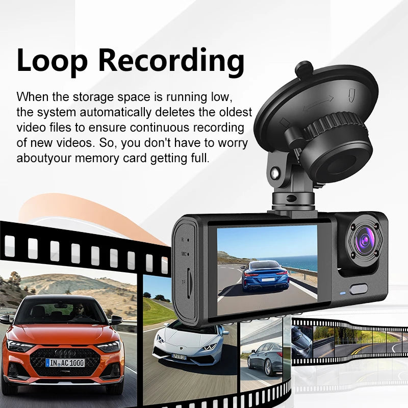 3 Channel DashCam 1080P FHD Car Camera, Front Rear Inside 3-Lens Car DVR Recorder, Equipped 2&quot; IPS Screen Vehicle Camera
