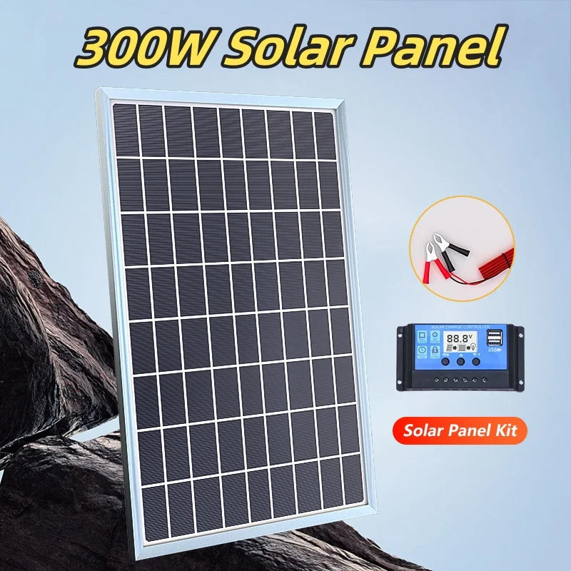 12V Solar Panel Kit Complete 600W Capacity Polycrystalline USB Power Portable Outdoor Rechargeable Solar Cell Generator for Home - Stereotech