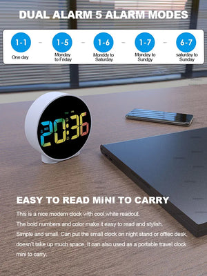 Aierwill N16 Round Alarm Clock with Snooze Calendar 12/24H Week Digital LED Tables Clock for Bedrooms Bedside Desk Shelf