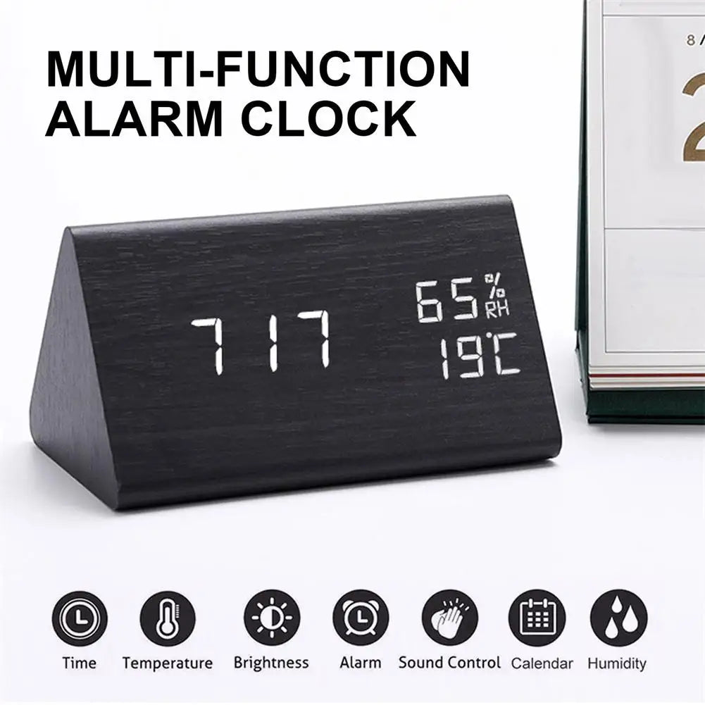 Digital Alarm Clock Desktop Wooden Snooze LED Clocks Sound Control Electronic Display Clock Thermometer Home Decor Gift