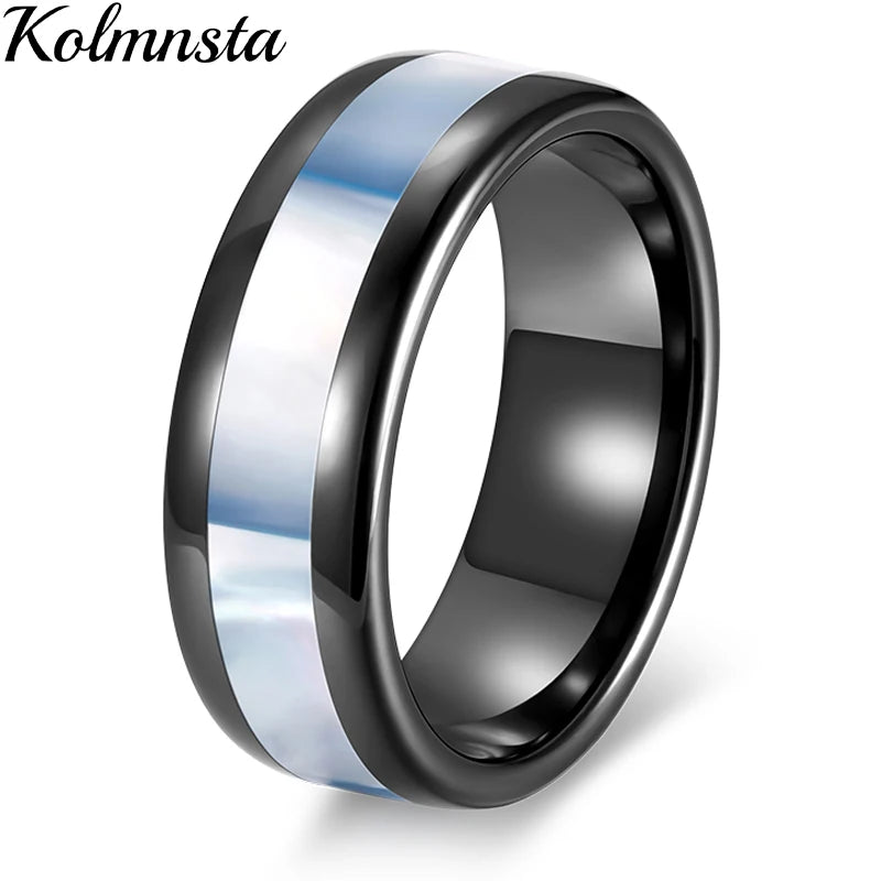 Kolmnsta 8mm Black Ceramic Ring Men Women Rings Real Blue Shell Inlaid Wedding Engagement Band Fashion Jewelry For Lover Couple