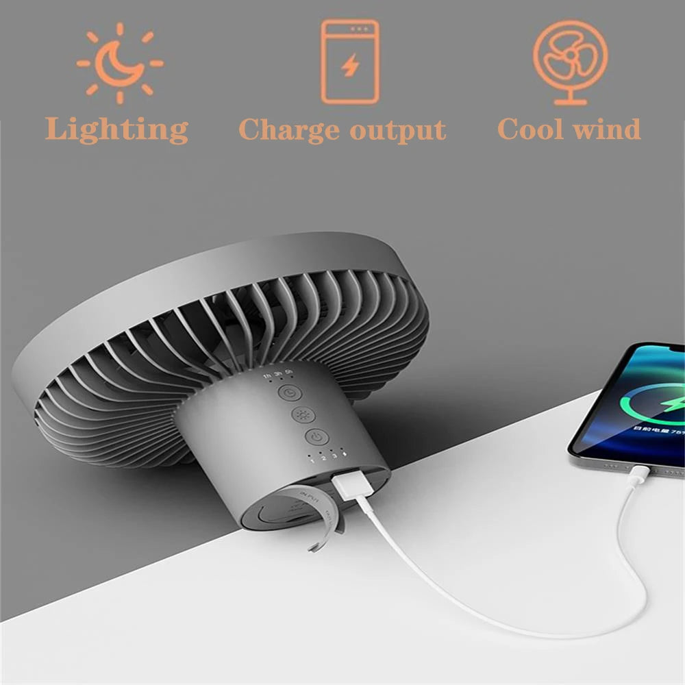 10000mAh Camping Fan Rechargeable Desktop Portable Circulator Wireless Ceiling Electric Fan with Power Bank LED Lighting Tripod - Stereotech