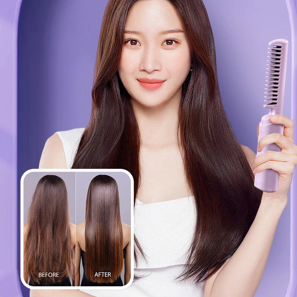 Portable Hair Straightener Brush Wireless Hair Straightening Comb Anti-Scald Smooth Frizzy Hair Fast Heated Mini Hot Air Comb - Stereotech