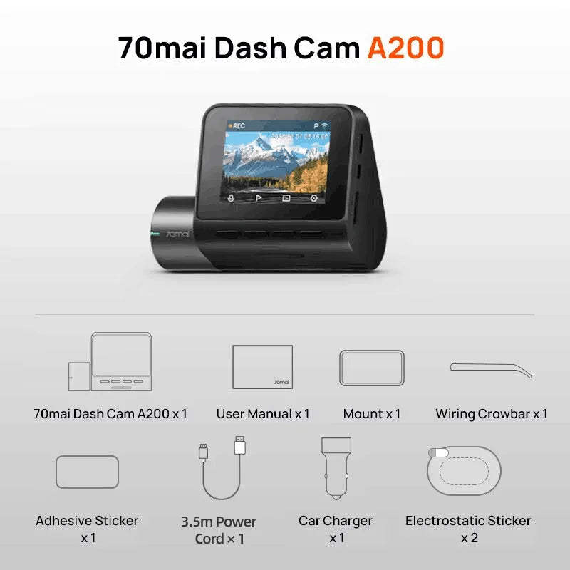 Global 70mai Dash Cam A200 Dual-channel Record 1080P HDR 2&#39;&#39; IPS Screen 24H Parking Monitor 70mai Car DVR A200 WIFI APP 130° FOV