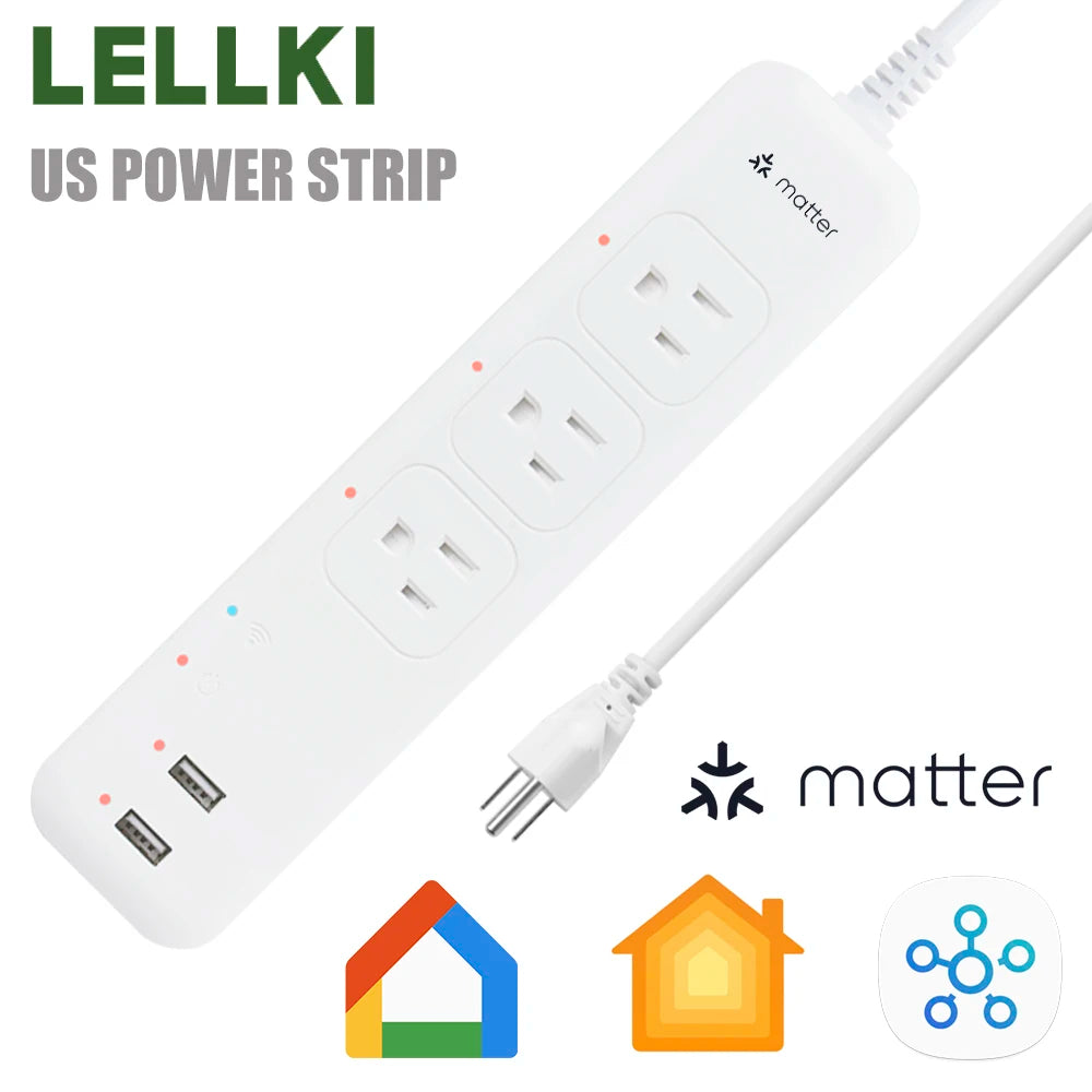 LELLKI Matter US Smart Power Strip Multi Outlet Plug Works with Apple Home Siri Voice Control SmartThings Google Home Timing App