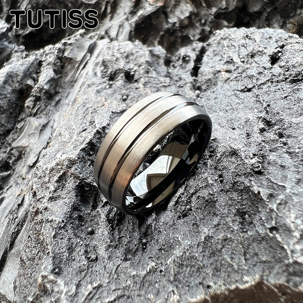 TUTISS 8mm Men Women Grooved Wedding Band Tungsten Carbide Ring Domed Brushed Finish Comfort Fit