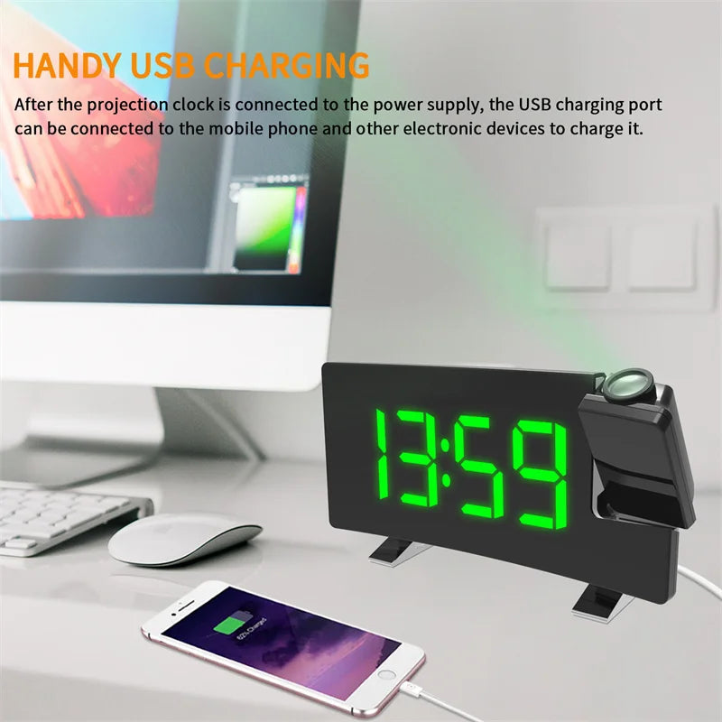 Multifuctional Projection FM Radio Alarm Clock Digital Clock with USB Charging Bedrooms Clock Wall Home Decor