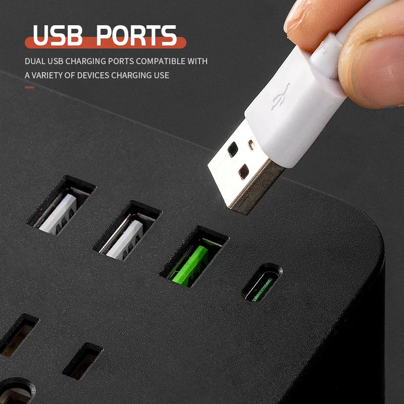US AC Plug Power Strip Wall Mounted Main Control Switch Power Socket 3 USB Ports 1 Type C Ports Charging Network Filter Adapter