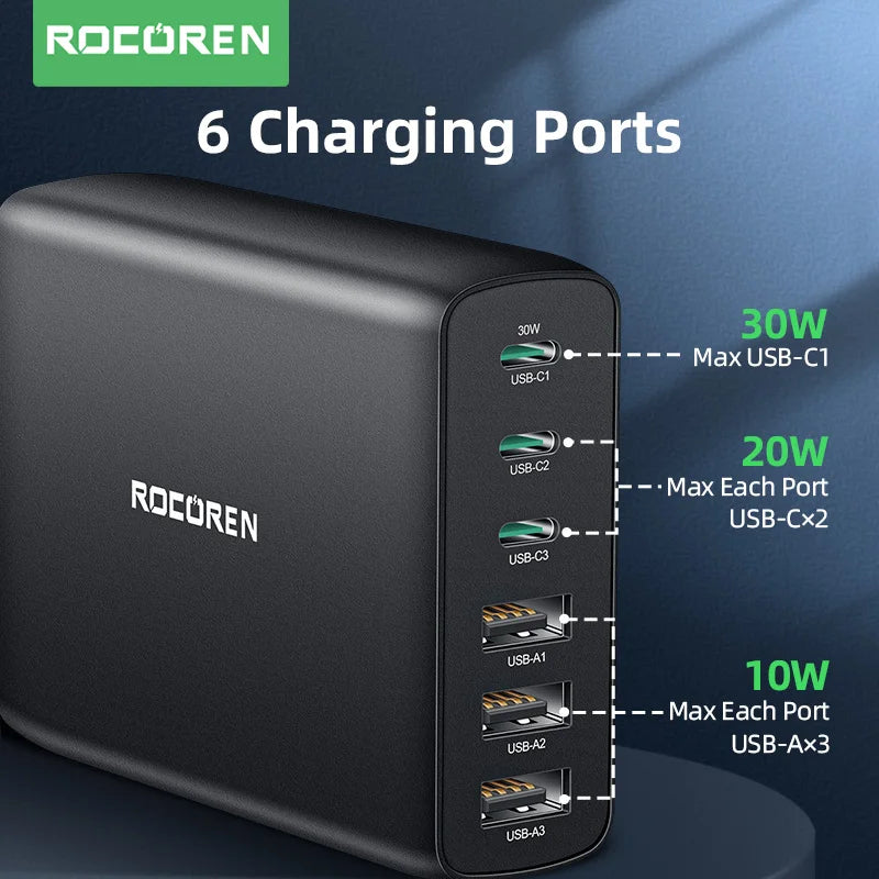 Rocoren 100W GaN Charger USB Type C  PD Fast Charger Quick Charge 4.0 3.0 Multiple Desktop Charging Station For iPhone 15 Xiaomi