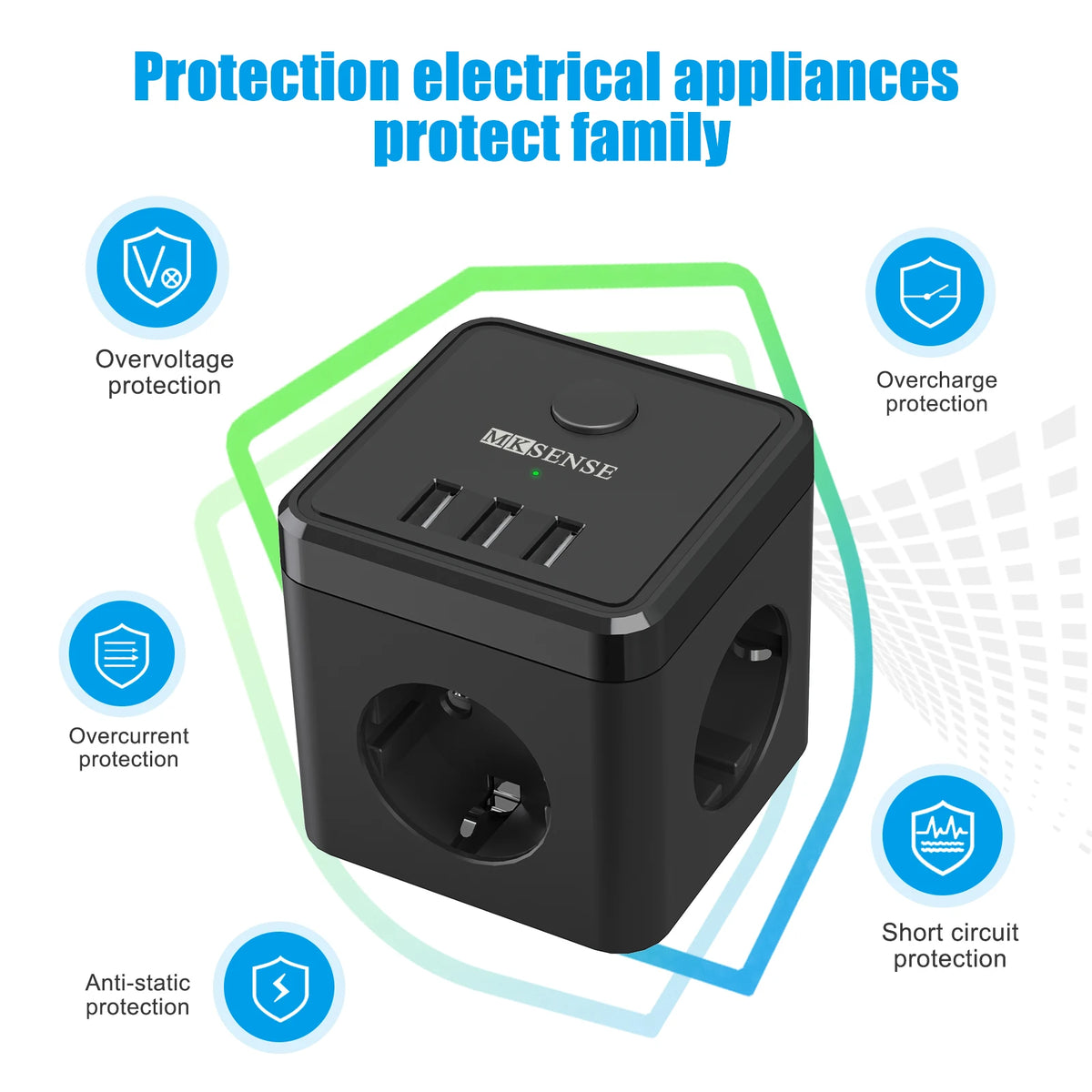 EU Plug Electric Power Strip Cube with 3 AC Outlets 3 USB Port  2400W 5V 2.4A Multi Socket with Switch for Home Without Cable