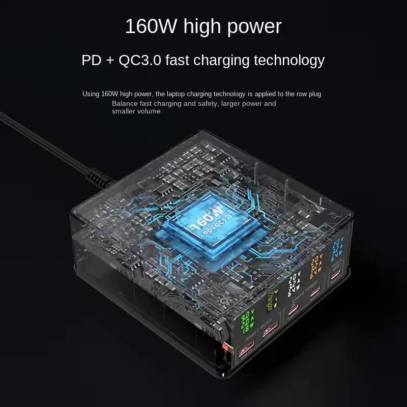 160W 5 Ports GaN USB C Charger Station 15W Wireless Charging PD 65W QC3.0 Type C Fast Charger for iPhone Macbook Samsung Laptop