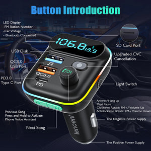 LENCENT FM Transmitter Wireless Bluetooth 5.0 Radio Car Kit  with Type-C PD + QC3.0 Fast USB Charger Mp3 Player Receiver Hi Fi