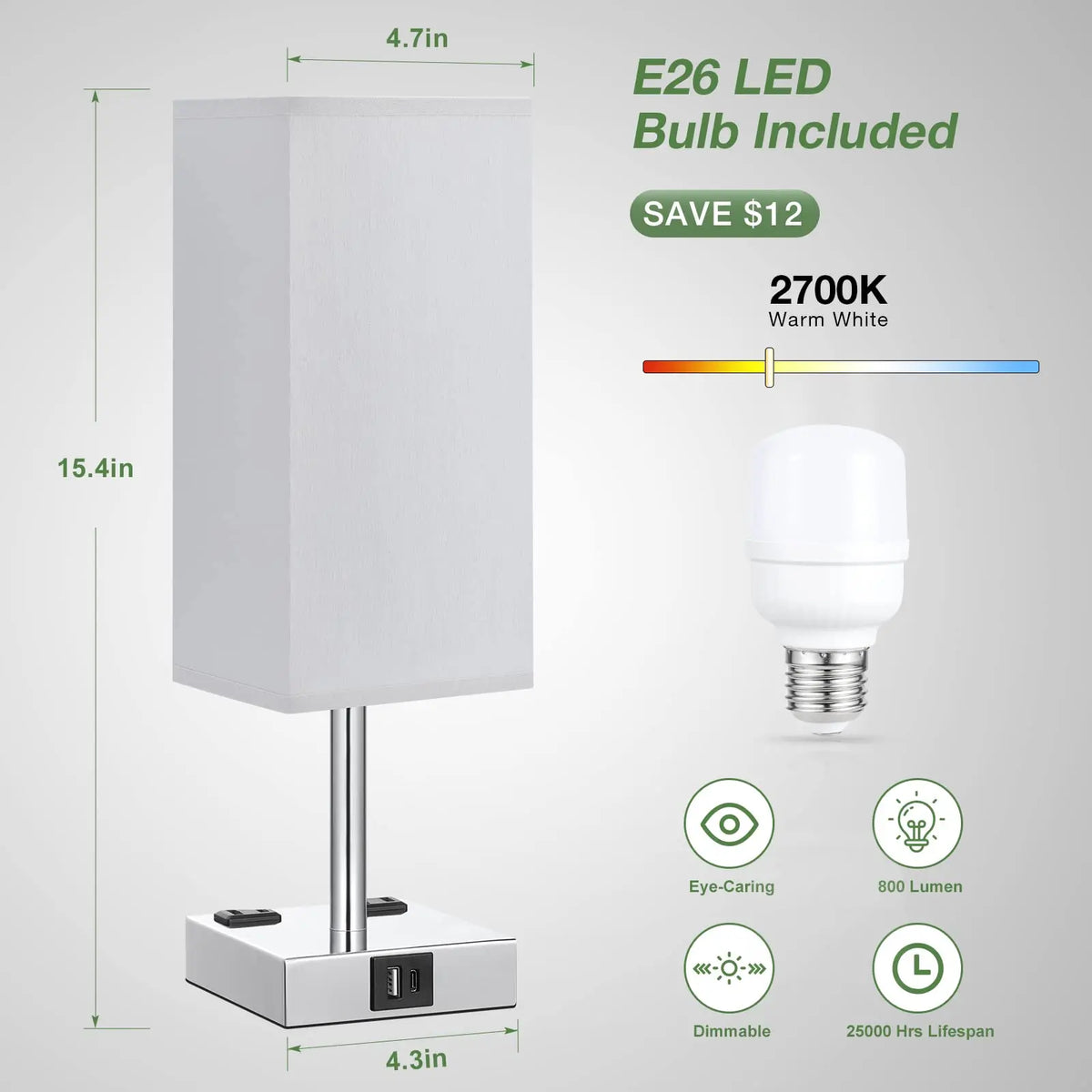 Bedside Lamp Touch Control Table Lamp with USB C+A Port Dimmable Small Light for Bedroom Living Room Bulb Included Home Decor