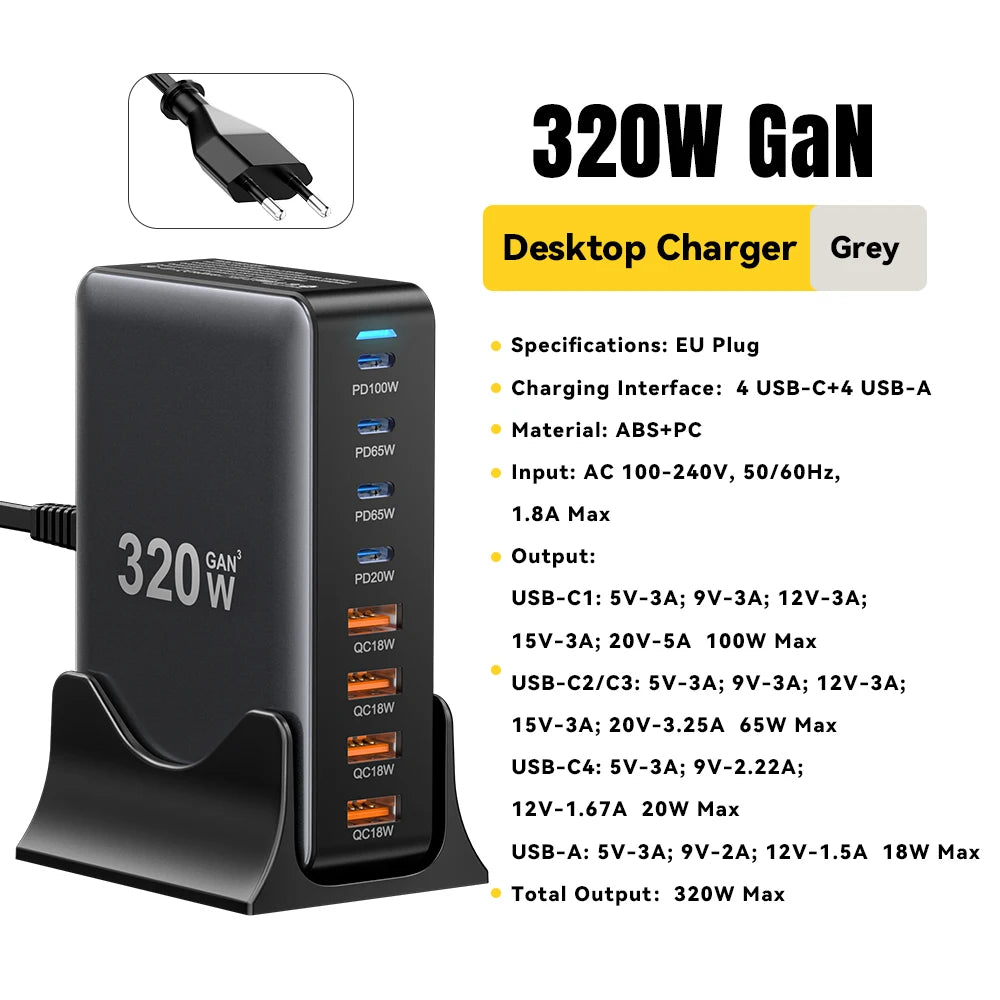 Essager 320W GaN Charger 8Port USB Type C Desktop Charging Station PD 100W Fast Charging For iPhone 16 15 14 iPad MacBook Laptop