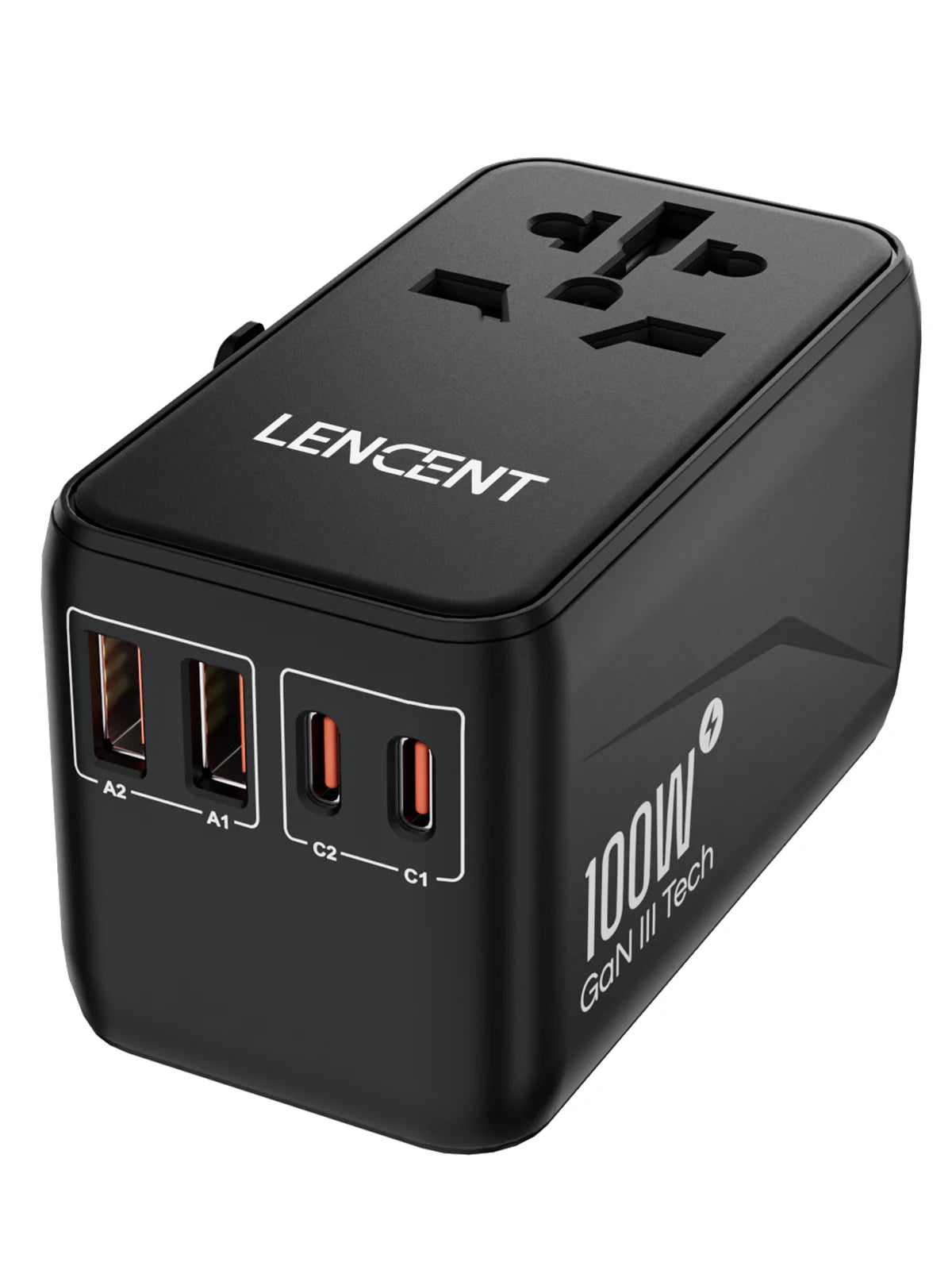 LENCENT 100W GaN Universal Travel Adapter with with 2 QC4.0 USB-A+2 PD3.0 Type-C PPS Fast Charging EU/UK/USA/AUS plug for Travel