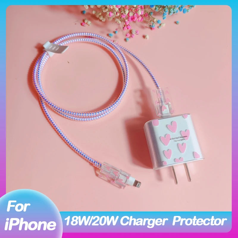 Pink Girls&#39; Heart Charger Protective Case For iphone US 20W Fast Charger Protection Box Cover Data Line Winder Spiral Protective - Stereotech