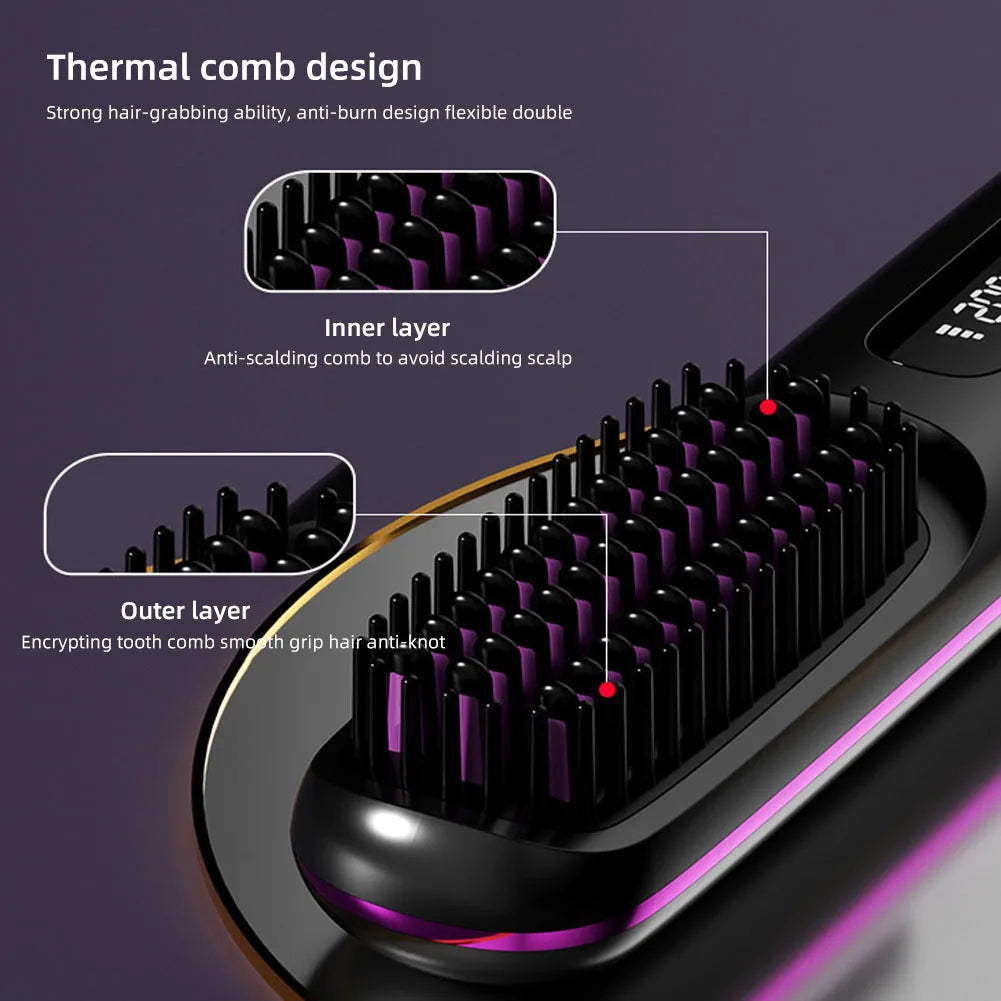 Hair Straightener Brush USB Rechargeable Cordless Negative Ions Hot Brush Electric Fluffy Curly Hair Styling Detangling Comb
