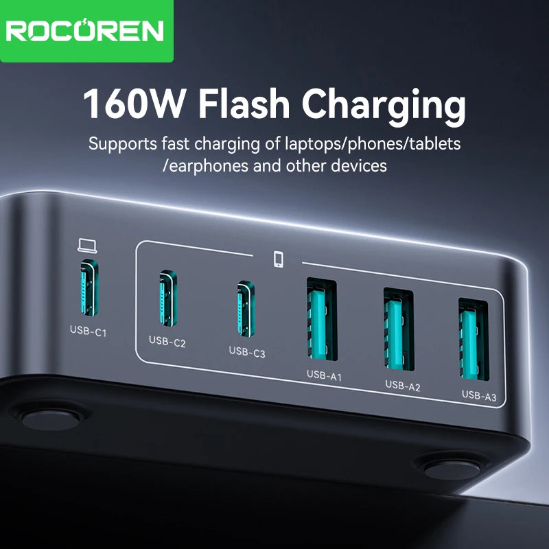 Rocoren Portable 160W GaN USB Type C Desktop Charger 6 Ports Fast Charging Power Station Type C Charger for iPhone 16 15 MacBook