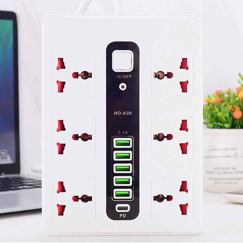 2M Extension Cord Power Strip For Office Home EU UK US Plug Universal Socket 2500W Overload Protection With 5 USB 1 Type C Ports
