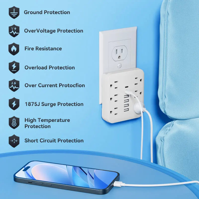 12-in-1 With 6 AC Sockets, 4 USB, 2 Type-C Ports Wall Outlet Extender - Safe, Portable, And Space-Saving Power Solution