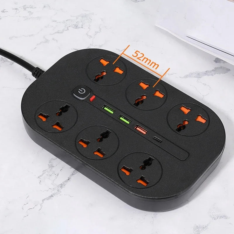 Power Strip EU UK US Plug Surge Protector Socket 2m Extension Cord with 3 USB 1 Type-C Ports 6/8 Jacks Universal Outlet for Home